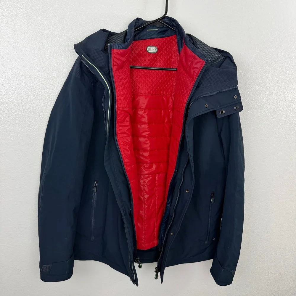 Hugo Boss Jacket Mens Large Navy Blue 3-in-1 Hooded Coat with Red Puffer Vest